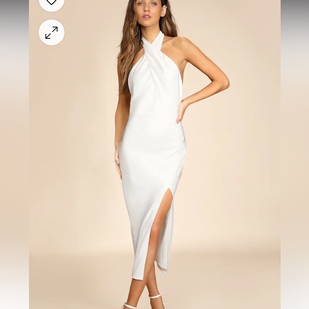 White satin halter midi dress